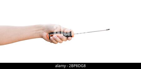 Male hand holding screwdriver isolated on white background with clipping path. Stock Photo