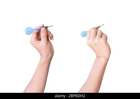 male hand holding a darts isolated on white background with clipping path. Stock Photo