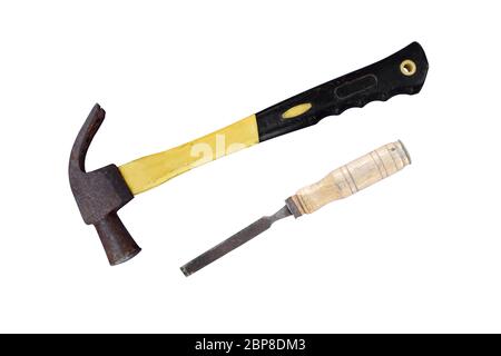 Old hammer and chisel with rusty isolated on white background. object with clipping path. Stock Photo