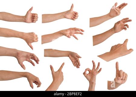 Set of male hand multiple collection in gestures isolated on white background Stock Photo