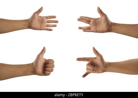 Set of male hand multiple collection in gestures isolated on white background with clipping path Stock Photo