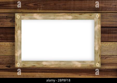 Empty wooden frame, hanging on wood panels background. Retro style design Stock Photo