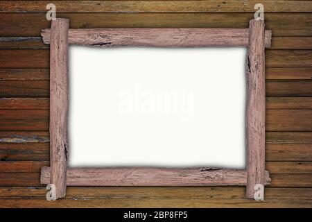 Empty wooden frame, hanging on wood panels background. Retro style design Stock Photo