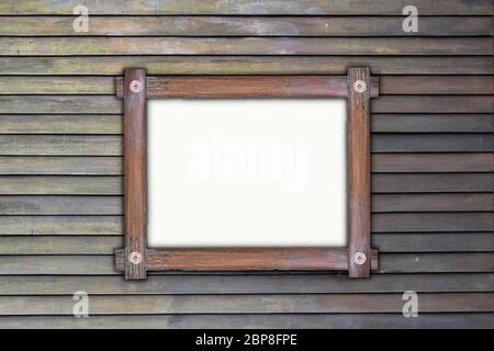 Empty wooden frame, hanging on wood panels background. Retro style design Stock Photo