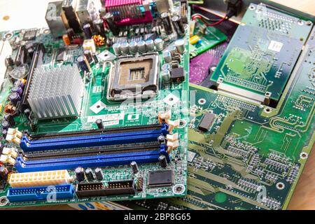 Electronic waste of mainboard computer - old computer circuit boards from recycle industry Stock Photo