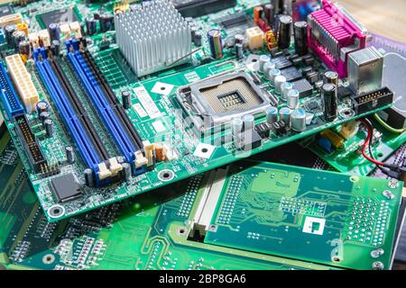 Electronic waste of mainboard computer - old computer circuit boards from recycle industry Stock Photo