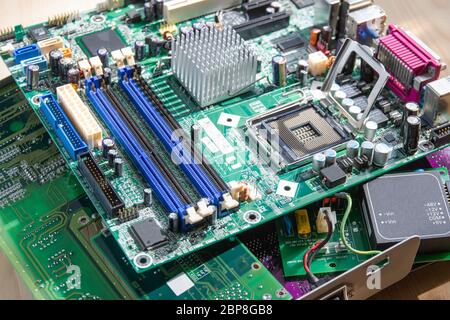 Electronic waste of mainboard computer - old computer circuit boards from recycle industry Stock Photo
