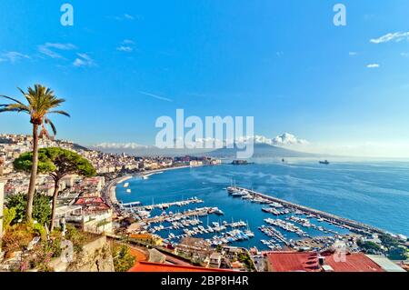 day view of Naples from Posillipo with Mediterranean sea and Vesuvius mount Stock Photo