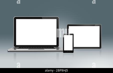3D High Tech laptop, mobile phone and digital tablet pc - isolated on a futuristic background with clipping path Stock Photo