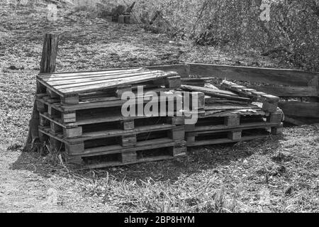 Old curves and broken pallets lie on the grass by the fence. Sunny. Black and white photo. Horizontal. Stock Photo