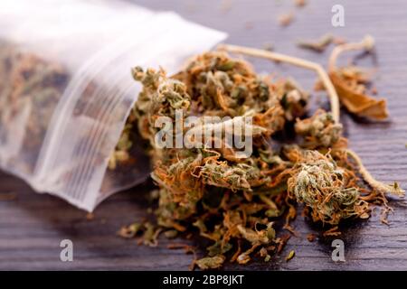 Cannabis marihuana blüten in kleinem Beutel Drogen Nahaufnahme Stock Photo