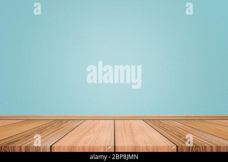 Empty interior room with light blue cement wall texture and brown wooden floor pattern. Concept interior vintage style Stock Photo