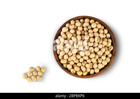 Top view of soy beans in wooden bowl on white background with clipping path. Stock Photo