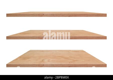 Empty vintage wooden shelf isolated on white background. with clipping path Stock Photo