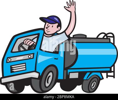 Illustration of a 4 wheeler baby tanker truck petrol tanker with driver waving hello on isolated white background done in cartoon style. Stock Photo