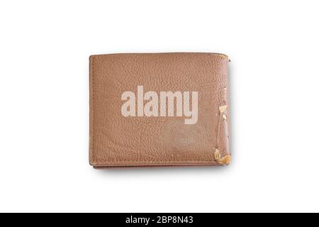 Old brown wallet isolated on white background. Stock Photo