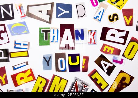 A word writing text showing concept of Thank You, Thanking made of different magazine newspaper letter for Business case on the white background with Stock Photo