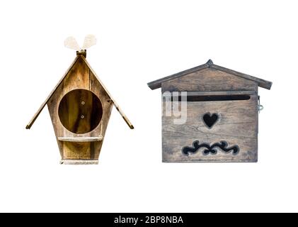 Two mailbox made of wood isolated on white background. Object with clipping path. Stock Photo