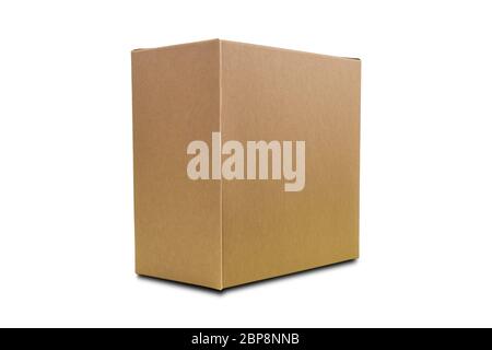 Carton boxes are arranged in a row diagonally, Isolated on a white background. Stock Photo