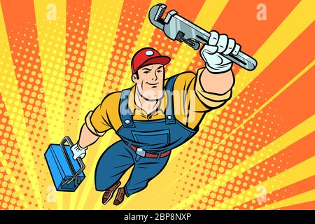 Male superhero plumber with a wrench. Hand drawn illustration cartoon pop art retro vector style Stock Photo