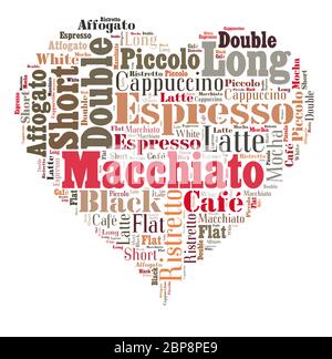 Index of coffee drinks words cloud collage, poster background, love coffee concept on heart shape Stock Photo