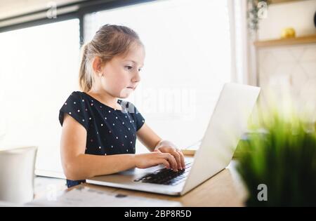 Small girl using laptop indoors at home, Corona virus and quarantine concept. Stock Photo