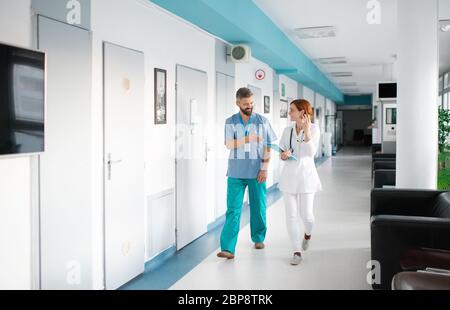 Portrait of man and woman doctor walking in hospital, talking. Stock Photo