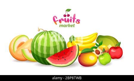 Mountain of fruits on a white background, fruit market store logo, vector illustration. Stock Vector