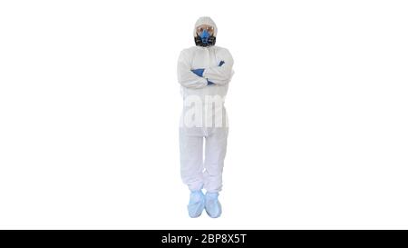 Doctor in protective suits with folded hands on white background. Stock Photo
