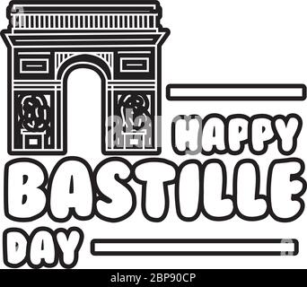 bastille day lettering with Arch of Triumph line style Stock Vector