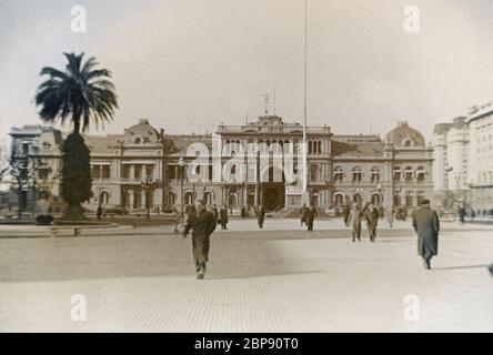 Vintage photograph, Casa Rosada in Buenos Aires, Agentina on July 6–8, 1955. The Casa Rosada is the executive mansion and office of the President of Argentina. Taken by a passenger debarked from a cruise ship. SOURCE: ORIGINAL PHOTOGRAPH Stock Photo