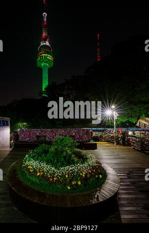 Seoul, South Korea - 16 May 2020: Namsan Tower is a popular walking park in Seoul, with tours into the tower many trails. Stock Photo