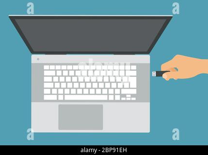 Flat design illustration of silver laptop with white keyboard and hand connecting flash drive to USB - vector Stock Vector