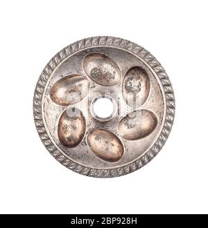 Silver stand plate for Easter eggs top view isolated Stock Photo