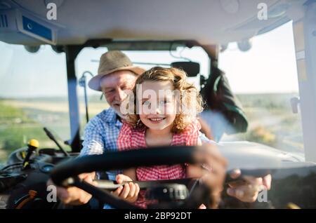 Senior farmer with small granddaughter sitting in tractor, driving. Stock Photo