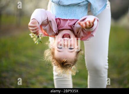 Unrecognizable mother holding small daughter upside down outdoors in spring nature. Stock Photo