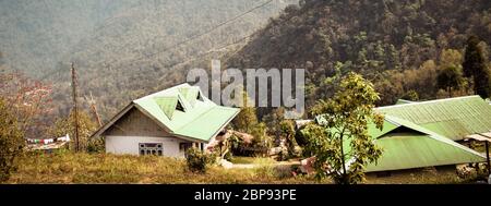 Panoramic Top view of Roof tops of a small town of mesmerizing Jammu Kashmir in sunny day of Leh valley region of himalaya mountain, Ladakh, Kashmir, Stock Photo