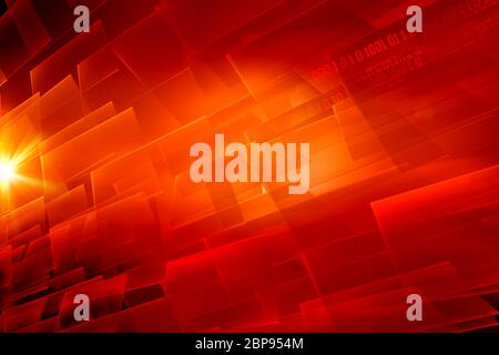 Graphical abstract digital red theme background with binary code and lens flare Stock Photo