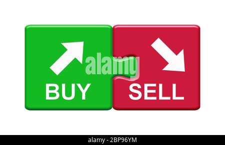 Isolated Puzzle Button with two pieces showing Buy and Sell with arrow symbol Stock Photo