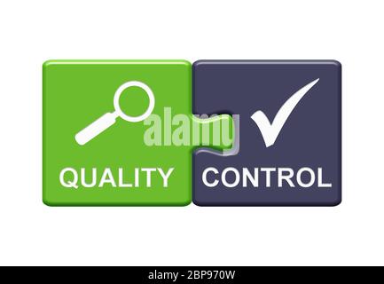 Isolated Puzzle Button with two pieces showing Quality Control with tick symbol in german language Stock Photo