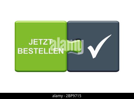 Isolated Puzzle Button with two pieces showing Order Now with tick symbol in german language Stock Photo