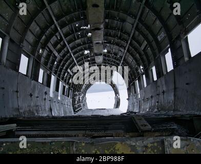The interior view of the crashed DC-3 plane wreck in Iceland Stock Photo