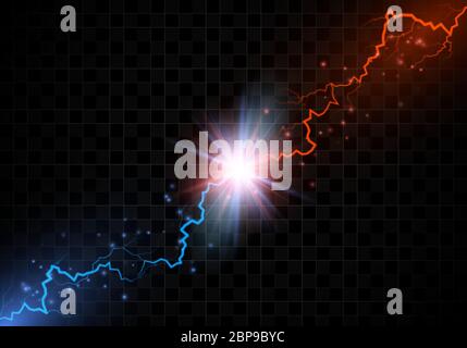 Lightning collision. Red and blue electric lightning collision. Versus abstract background with thunderbolt. Vector Stock Vector