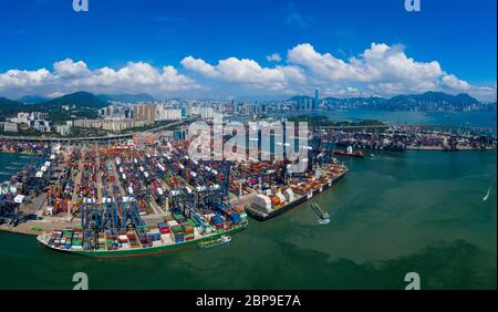 Kwai Chung, Hong Kong 15 May 2019:  Drone fly over Kwai Chung Cargo Terminal in Hong Kong Stock Photo
