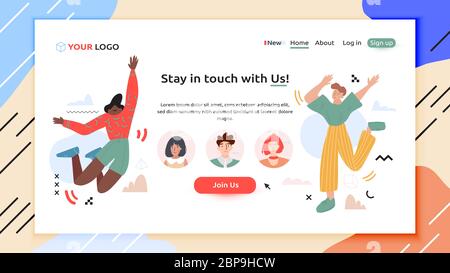 Perfect banner for your web store or shop where you want to stay in touch with your customers. Man and woman happily jumping around three icons with p Stock Vector
