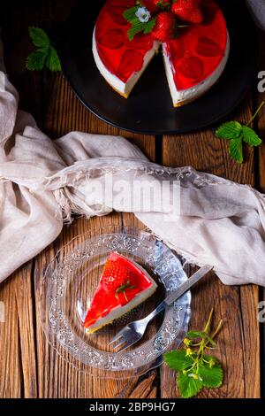 delicious strawberry cream cheese pie with biscuit base Stock Photo