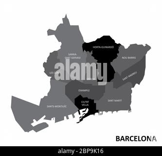 The grayscale map of Barcelona city districts Stock Vector