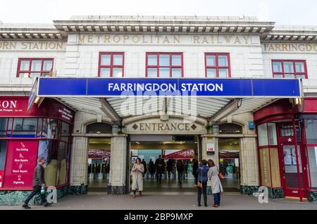 London, UK: Dec 2, 2017: Farringdon is a London Underground & connected main line National Rail station in Clerkenwell, London. Opened in 1863 as the Stock Photo