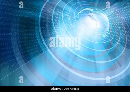 Earth high technology futuristic background, digital binary code flying around earth globe. Stock Photo