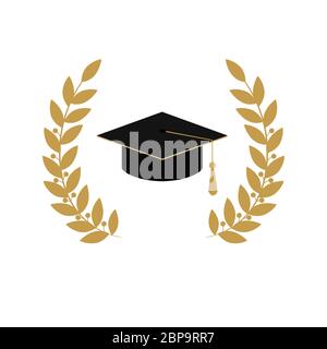 Gold emblem class on white background. Graduate hat and laurel wreath, vector illustration Stock Vector
